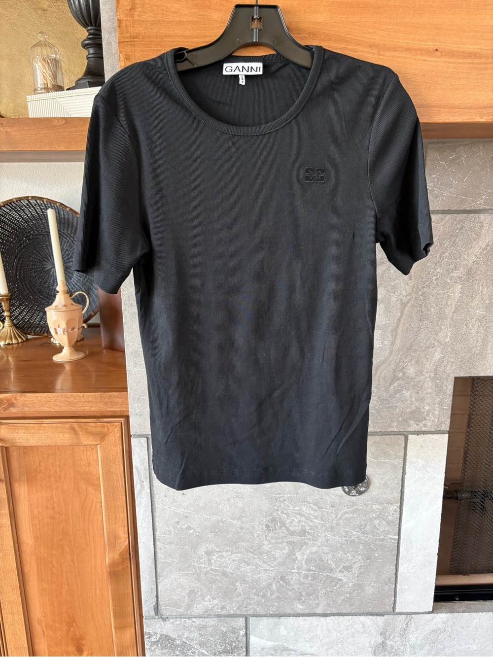 Ganni Black Short-Sleeve Crewneck Tee with Subtle Logo